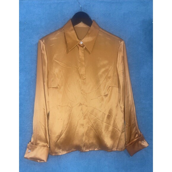 Womens Silk Button Up Top 10 Orange Long Sleeve Blouse Old Money Career Classic - Picture 1 of 9